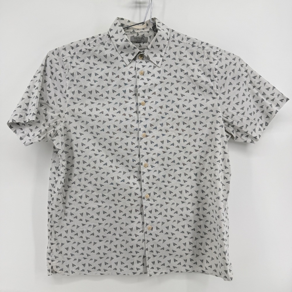 Ted Baker Button Down Shirt Mens L White Striped Cotton Paper Airplane Print